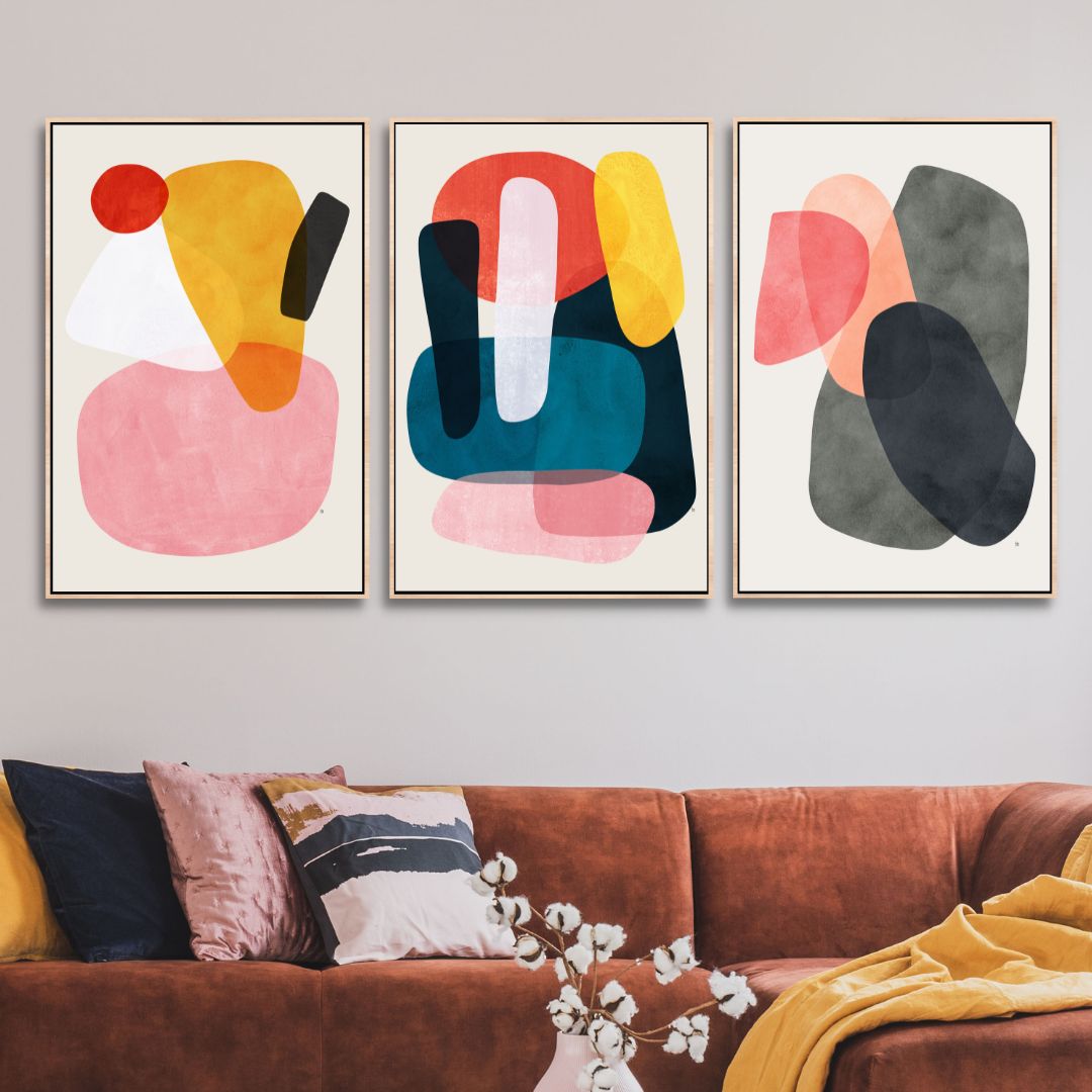 Abstract Geometric Shapes in Pink, Yellow, Red, and Gray - Contemporary Oil Painting