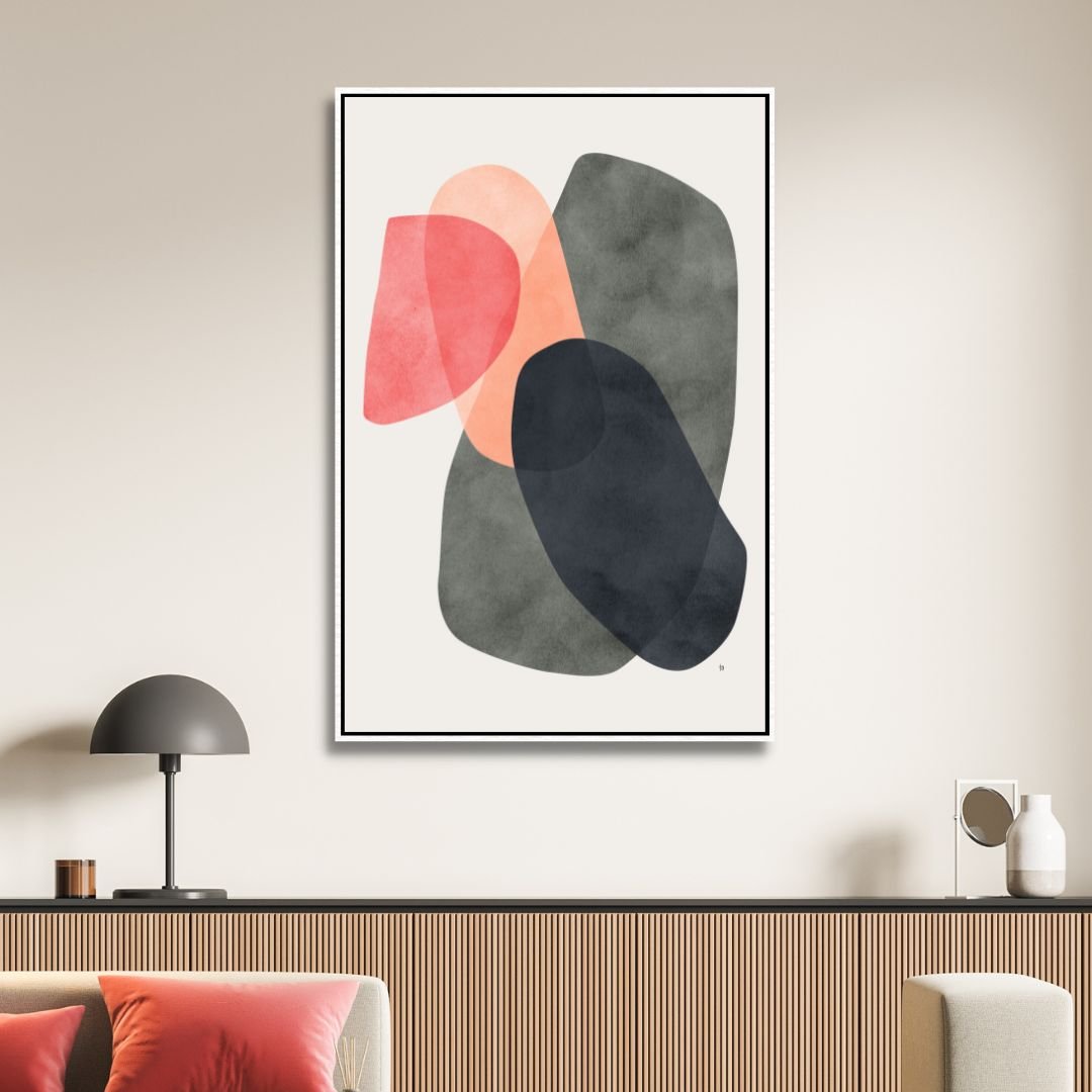 Abstract Geometric Shapes in Pink, Yellow, Red, and Gray - Contemporary Oil Painting