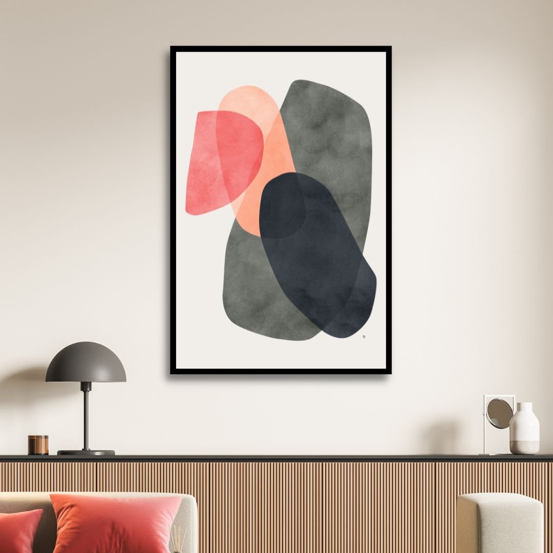 Abstract Geometric Shapes in Pink, Yellow, Red, and Gray - Contemporary Oil Painting