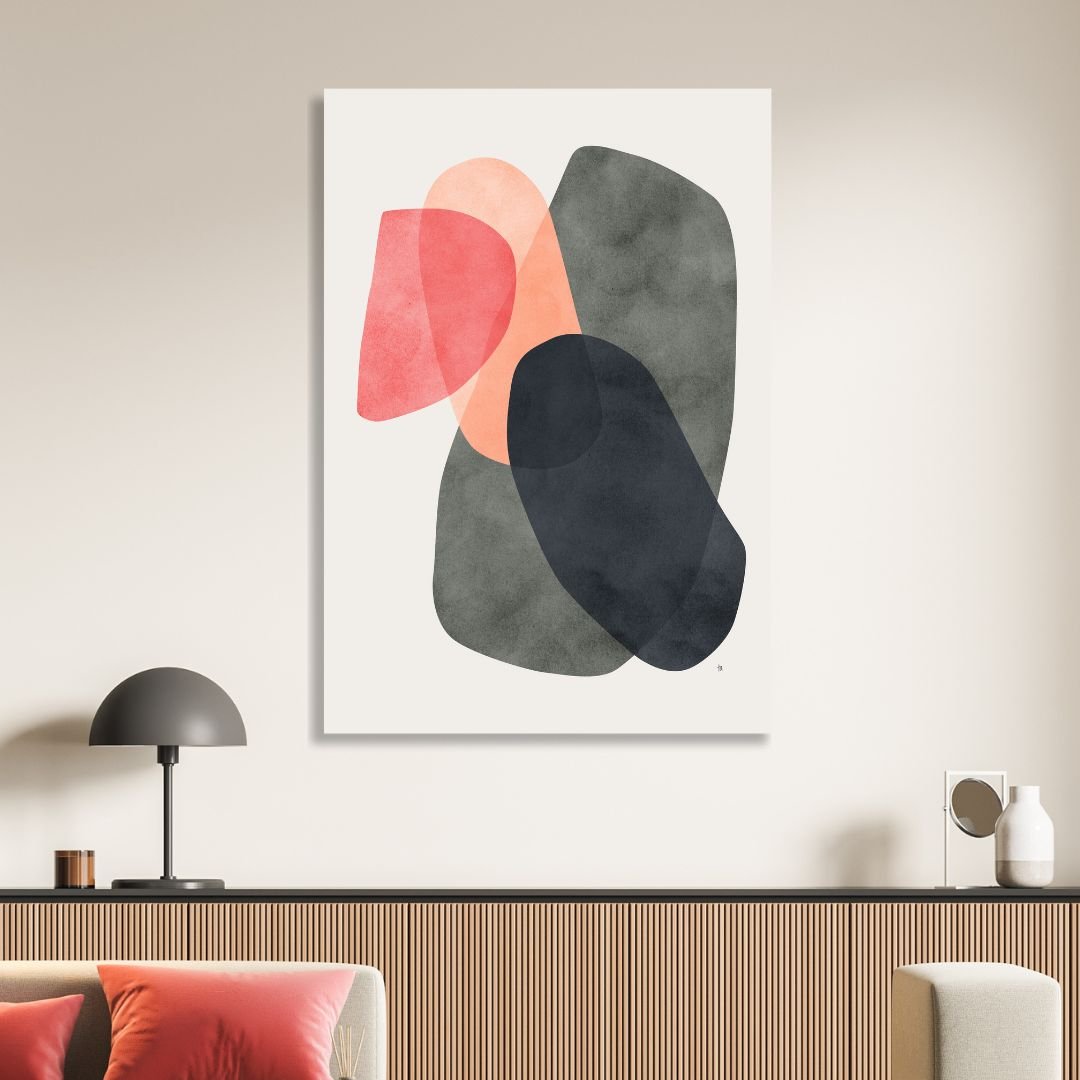 Abstract Geometric Shapes in Pink, Yellow, Red, and Gray - Contemporary Oil Painting