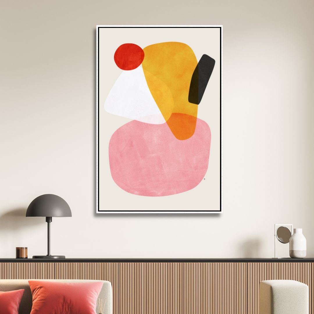 Abstract Geometric Shapes in Pink, Yellow, Red, and Gray - Contemporary Oil Painting