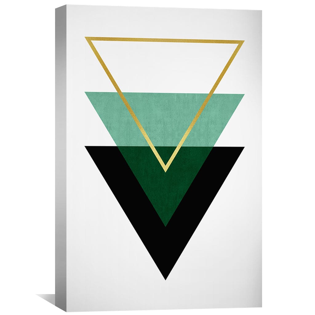 Modern Geometric Oil Painting with Triangles in Green and Gold References
