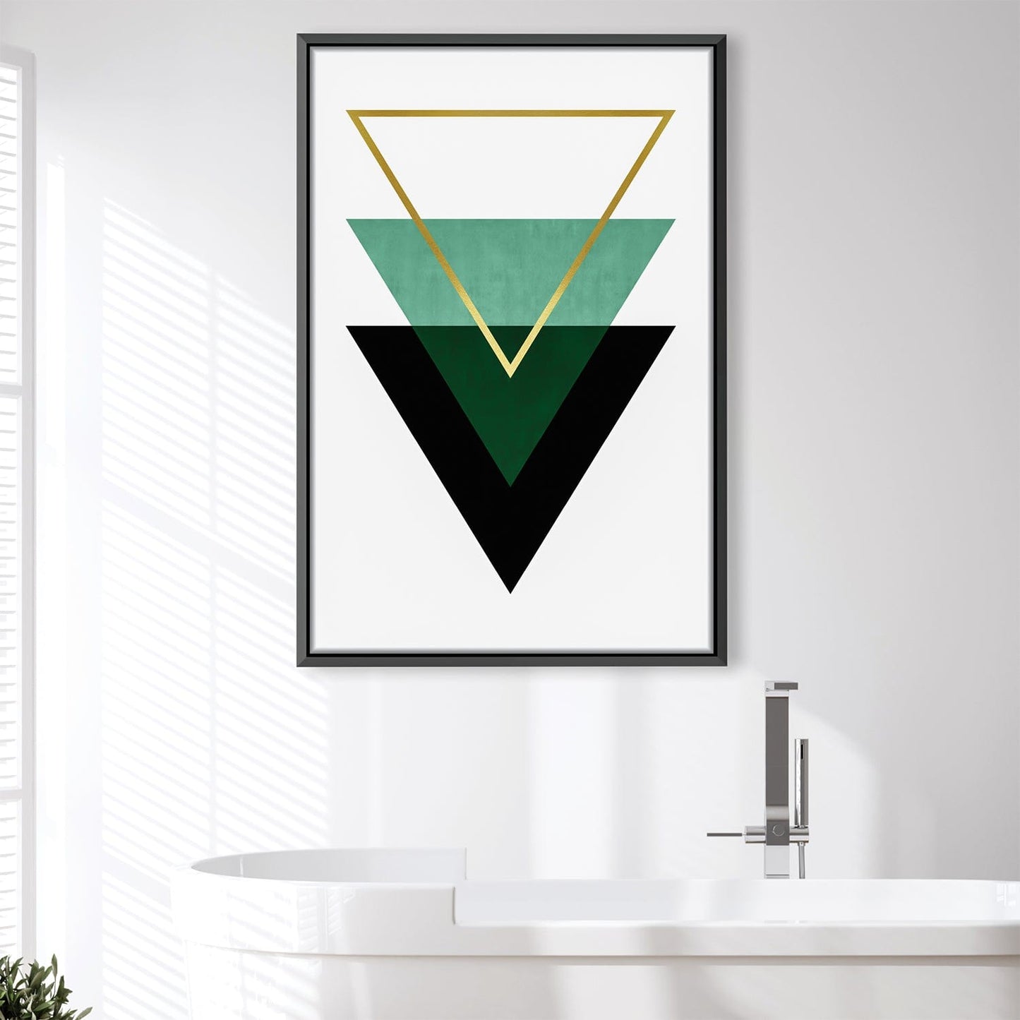 Modern Geometric Oil Painting with Triangles in Green and Gold References