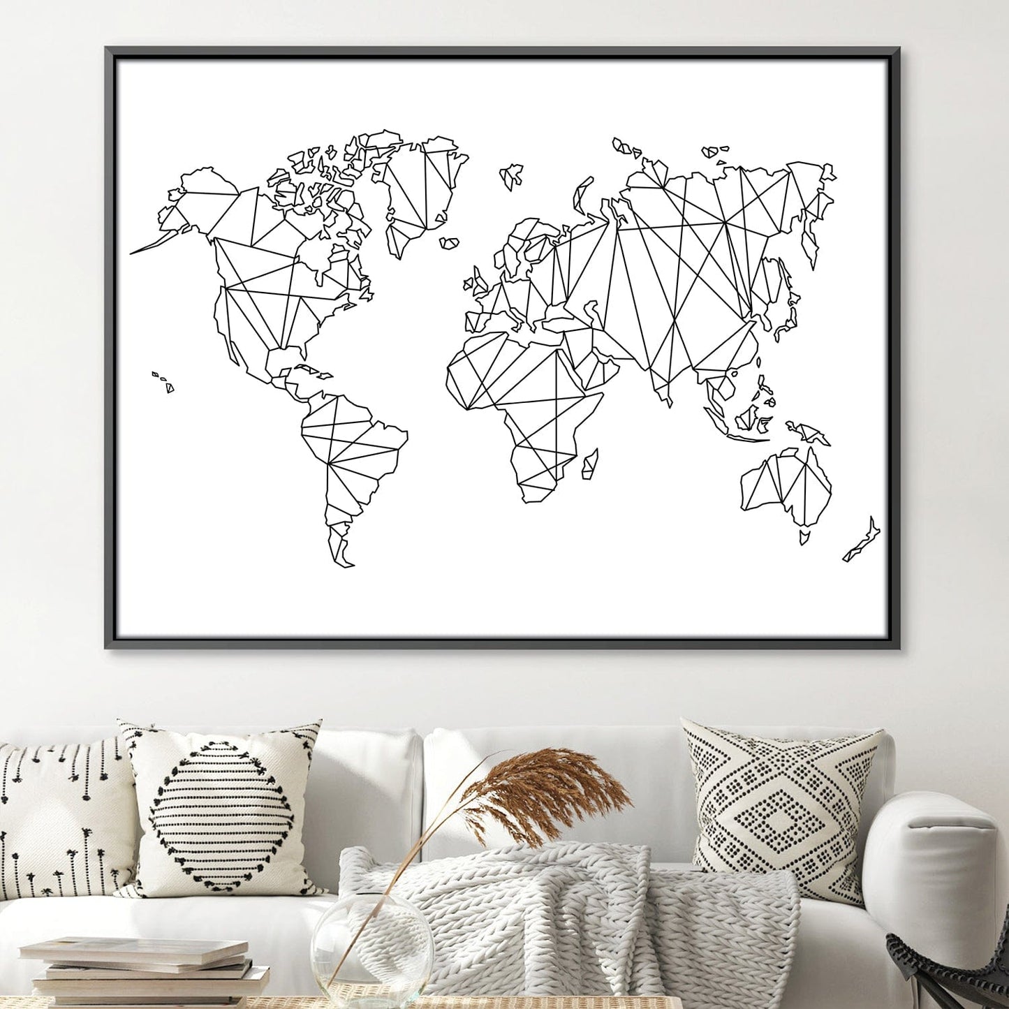Geometric World Map Art - Modern Black and White Canvas Decor for Global Enthusiasts