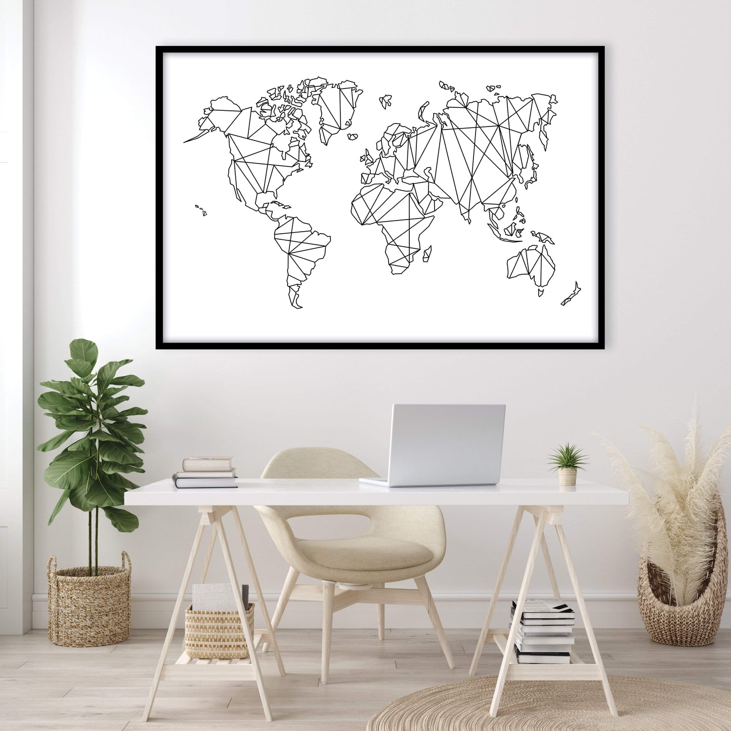 Geometric World Map Art - Modern Black and White Canvas Decor for Global Enthusiasts