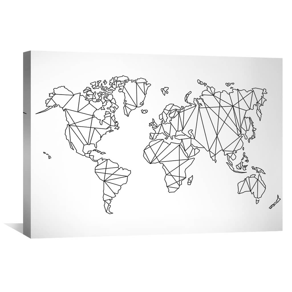 Geometric World Map Art - Modern Black and White Canvas Decor for Global Enthusiasts