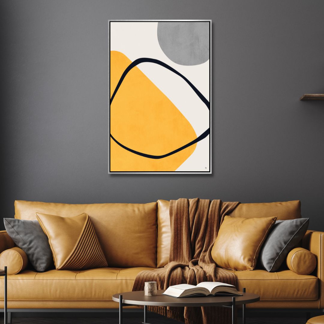 Contemporary Geometric Abstract Oil Painting in Yellow, Gray, and Black