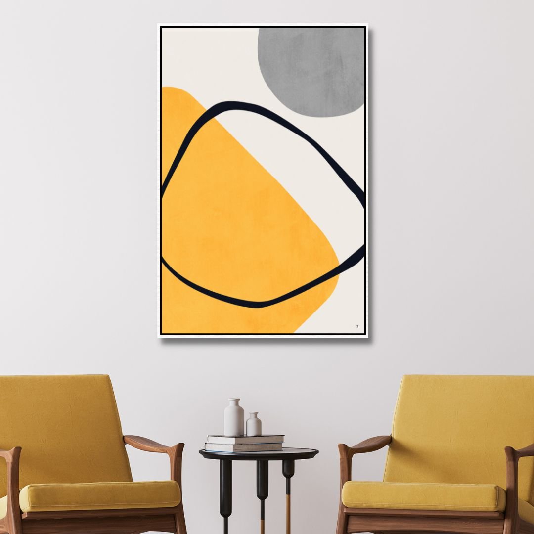 Contemporary Geometric Abstract Oil Painting in Yellow, Gray, and Black
