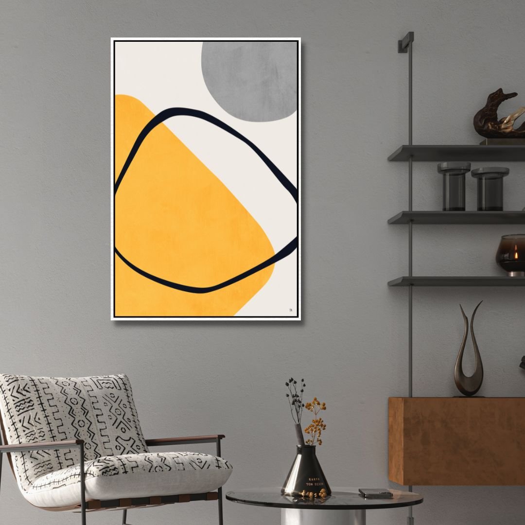 Contemporary Geometric Abstract Oil Painting in Yellow, Gray, and Black