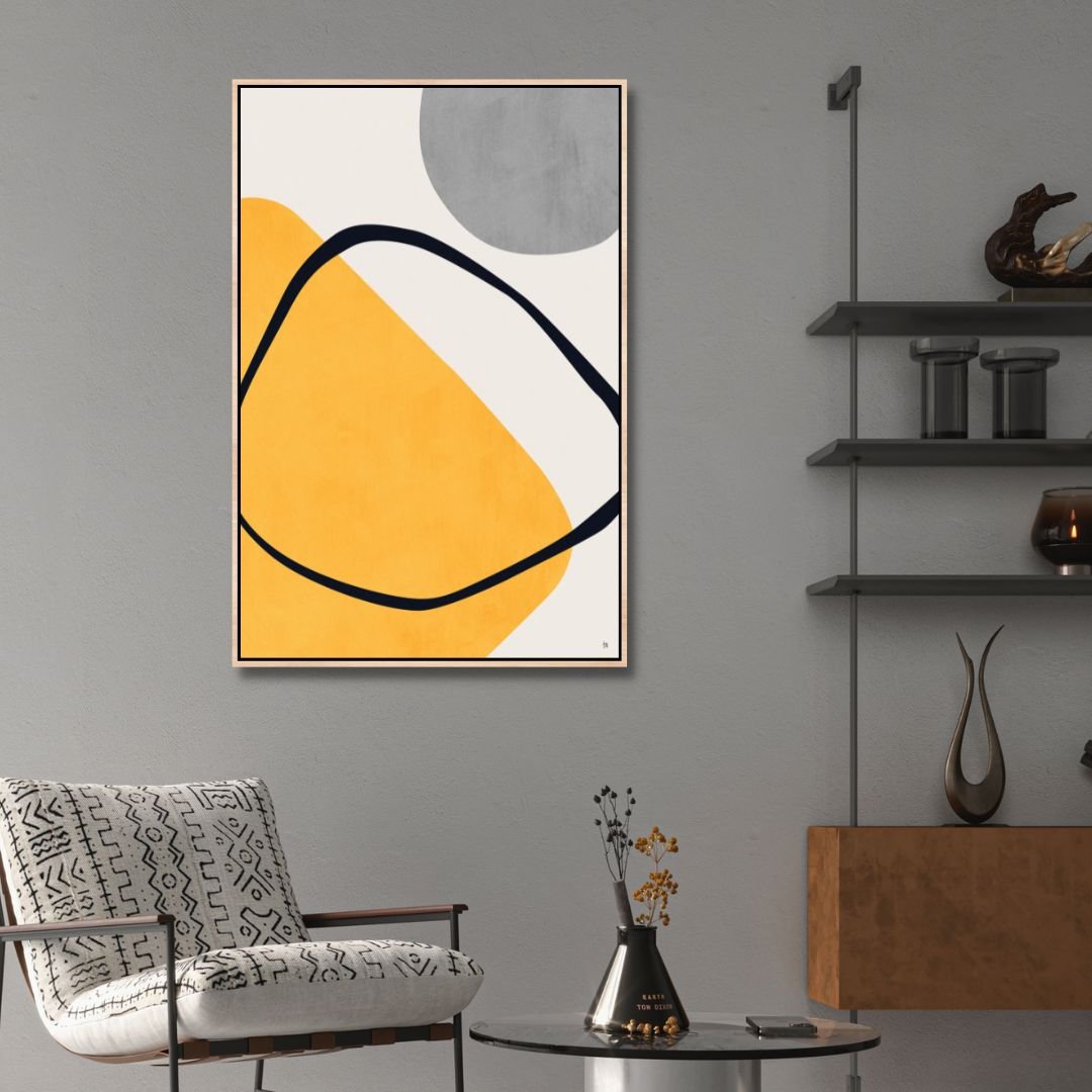 Contemporary Geometric Abstract Oil Painting in Yellow, Gray, and Black