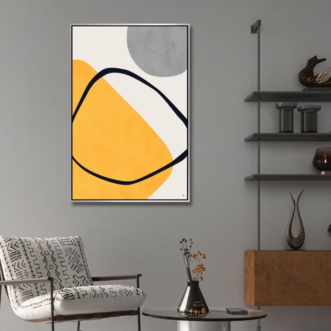 Contemporary Geometric Abstract Oil Painting in Yellow, Gray, and Black