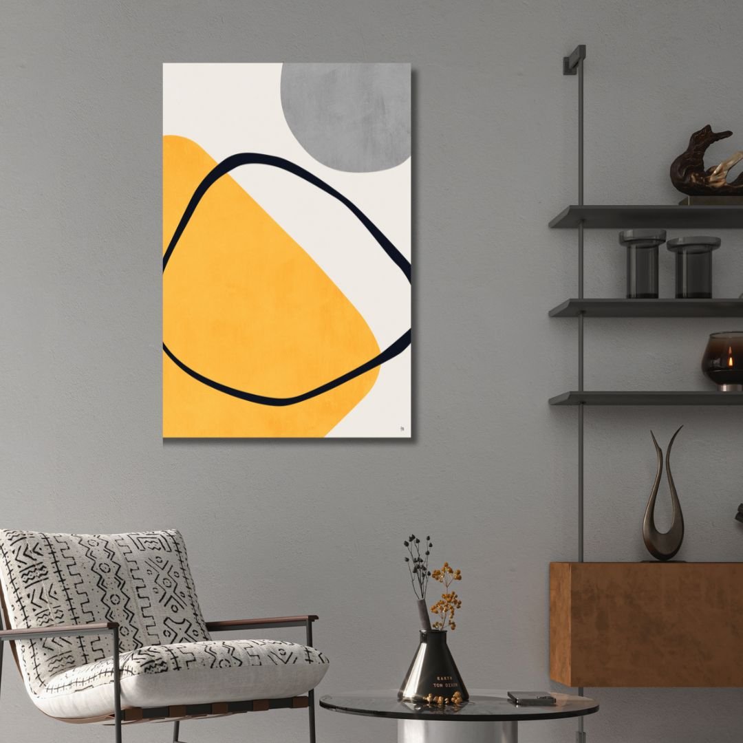 Contemporary Geometric Abstract Oil Painting in Yellow, Gray, and Black