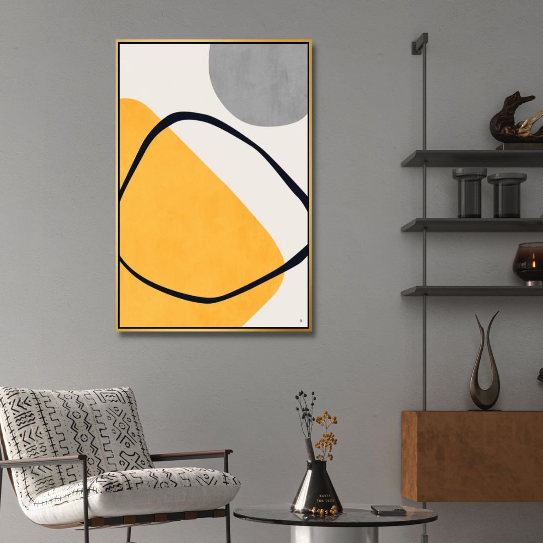 Contemporary Geometric Abstract Oil Painting in Yellow, Gray, and Black