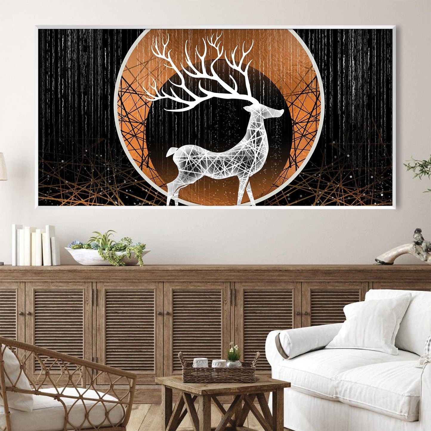 Geometric White Deer Oil Painting for Modern Wildlife Decor