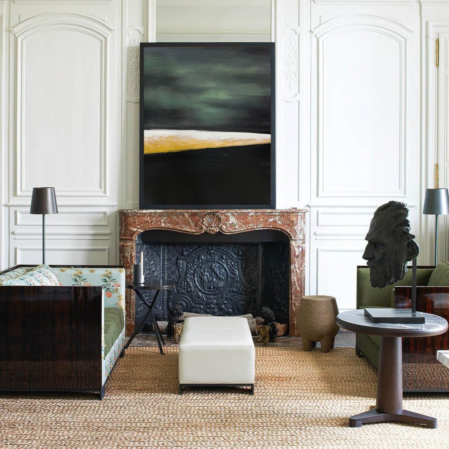 Contemporary Abstract Oil Painting with Green, Black, and Gold Tones for Modern Decor