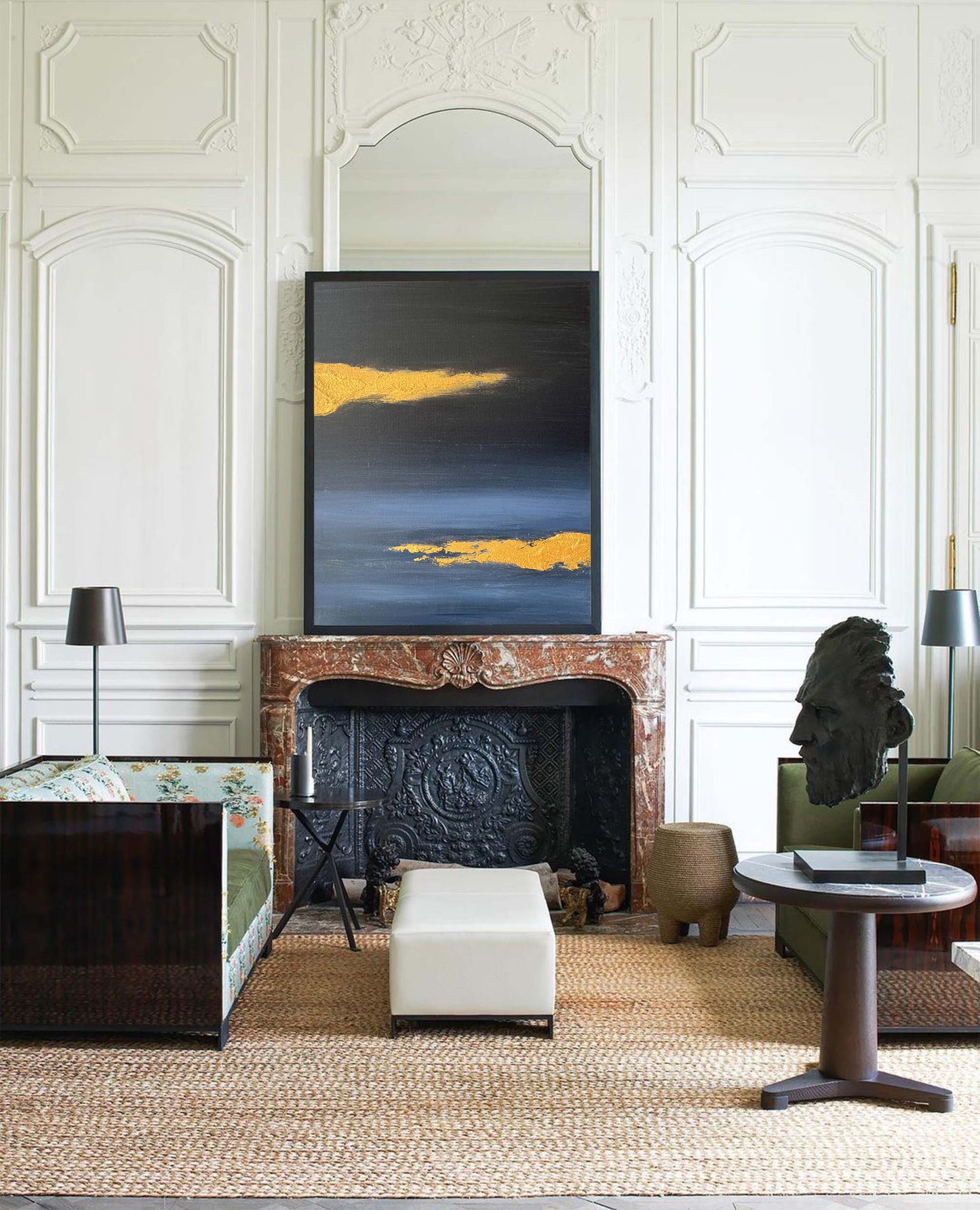 Contemporary Gold and Blue Abstract Oil Painting for Modern Home Decor