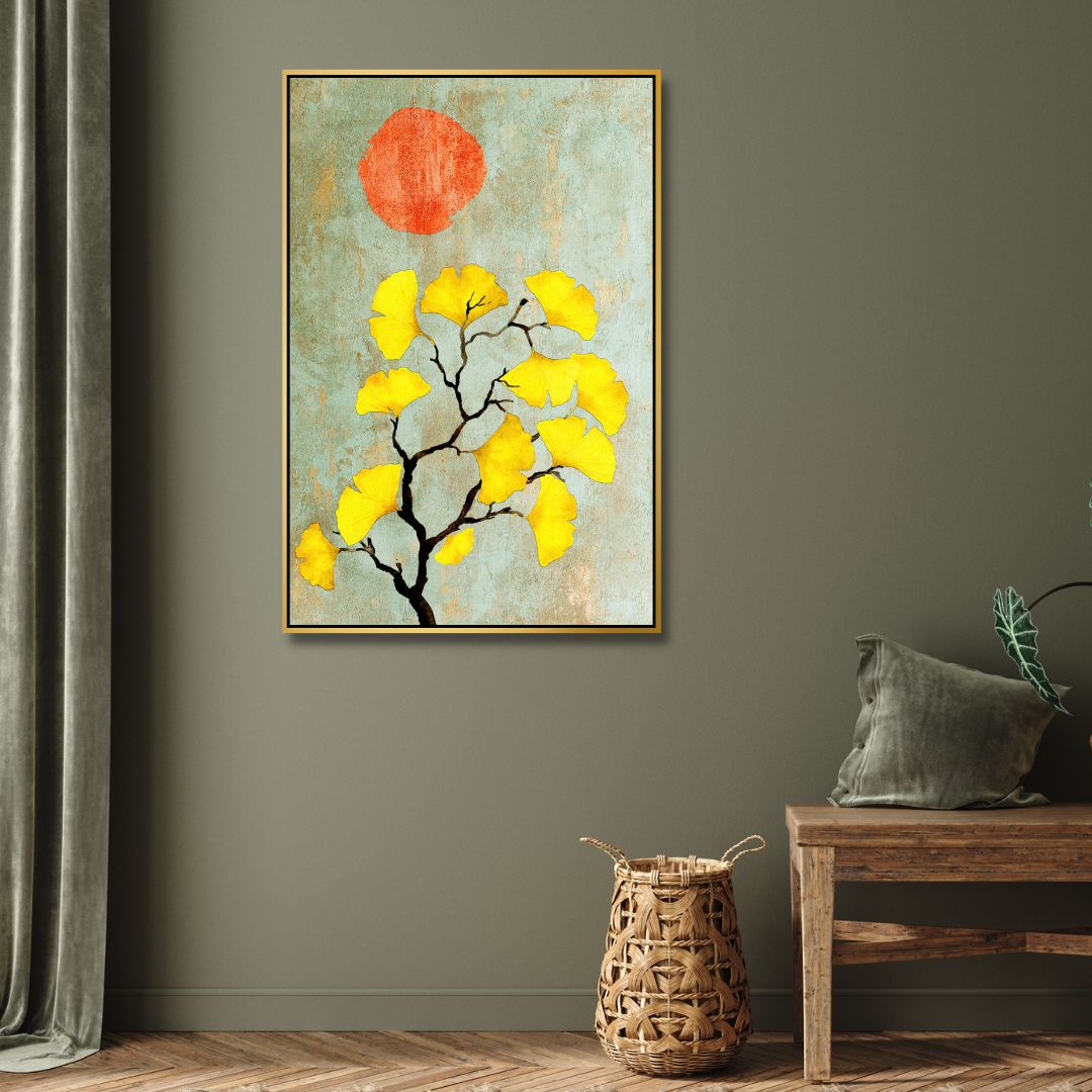 Abstract Ginkgo Biloba with Sun: Vibrant Yellow Leaves Oil Painting