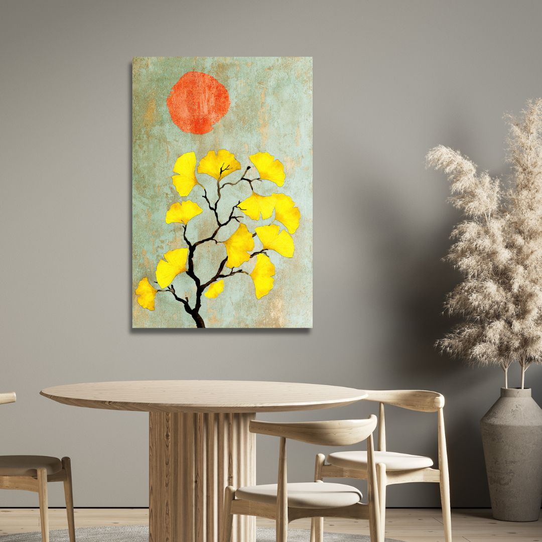 Abstract Ginkgo Biloba with Sun: Vibrant Yellow Leaves Oil Painting