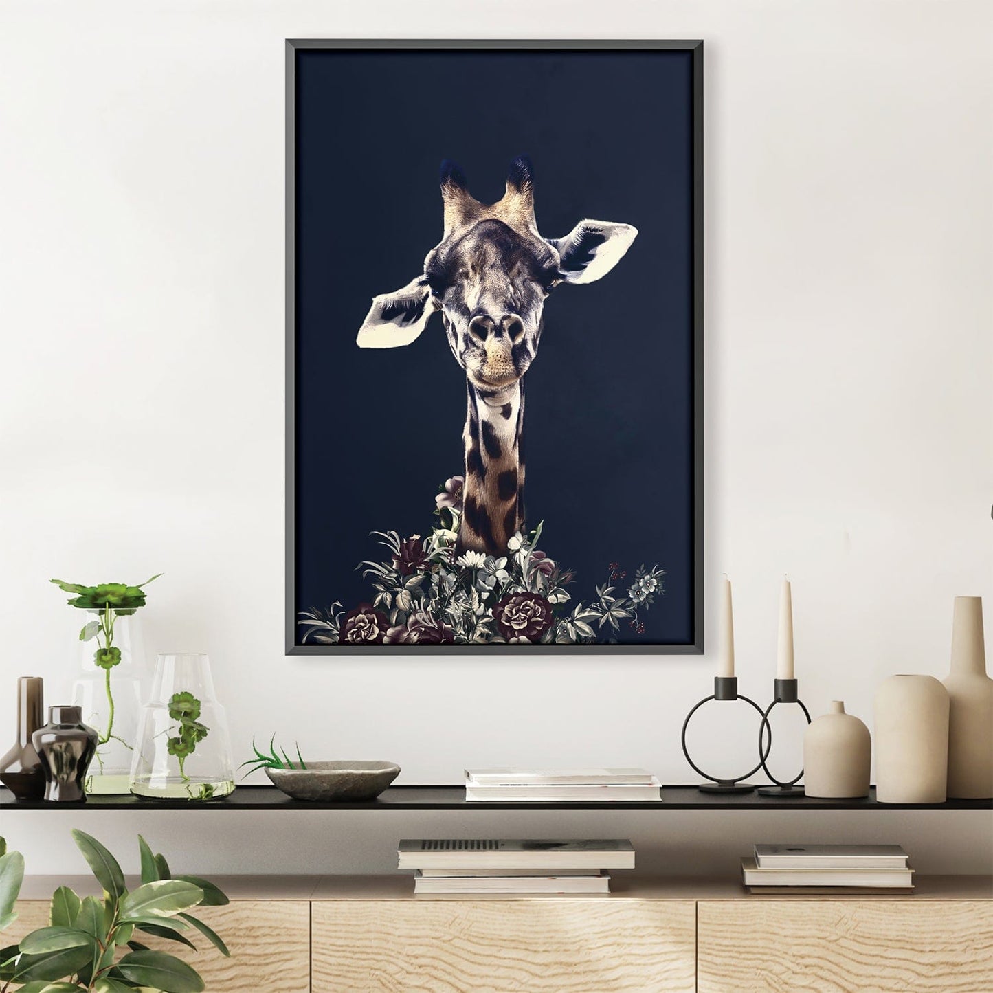 Elegant Giraffe Oil Painting with Floral Accents for Modern Home Decor