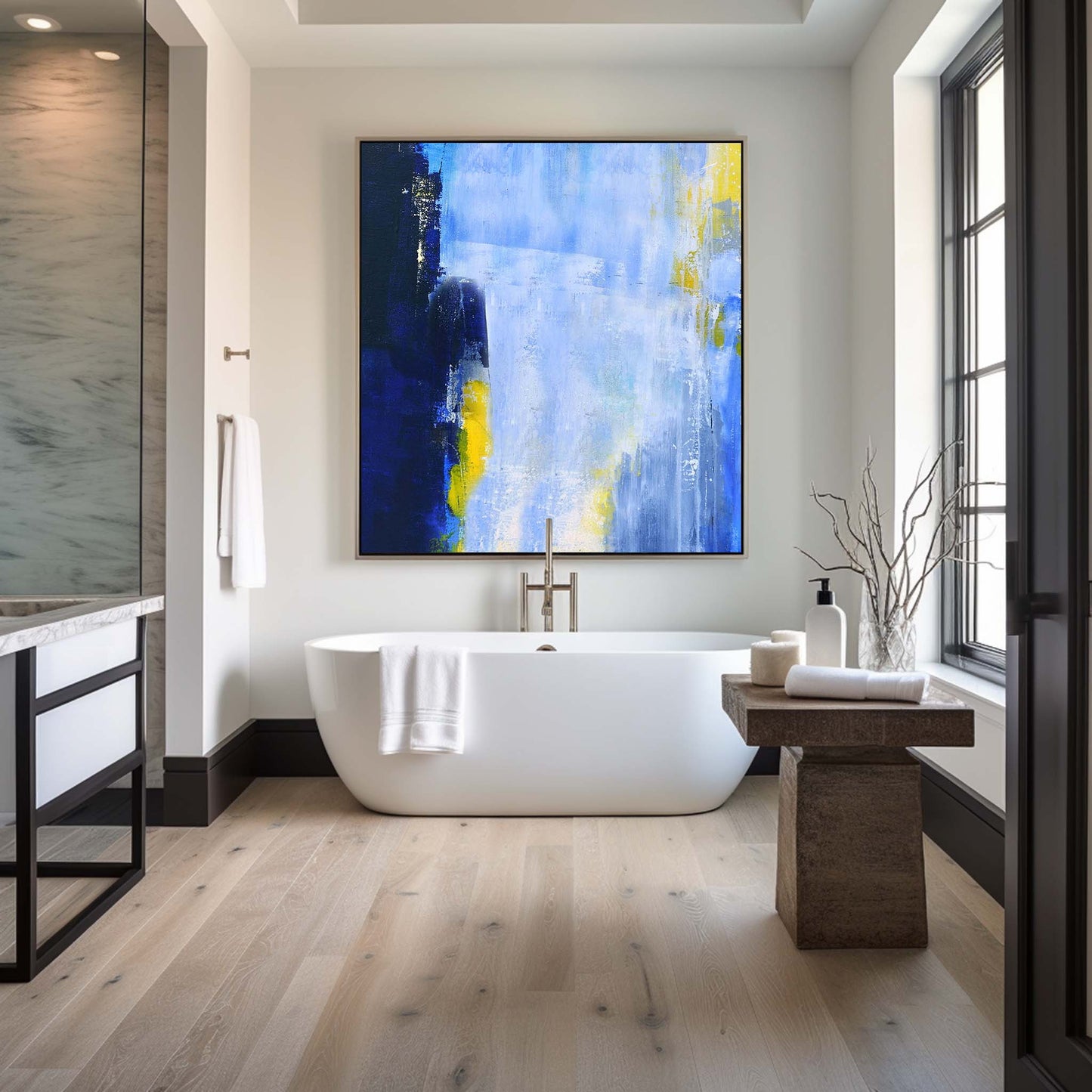 Captivating Blue and Yellow Abstract Oil Painting for Modern Home Decor