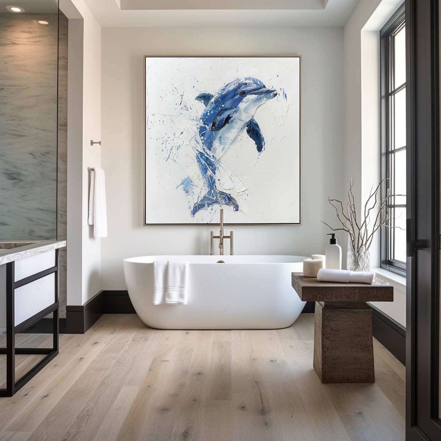Vibrant Blue Dolphin Oil Painting – Captivating Ocean Art for Your Home Decor