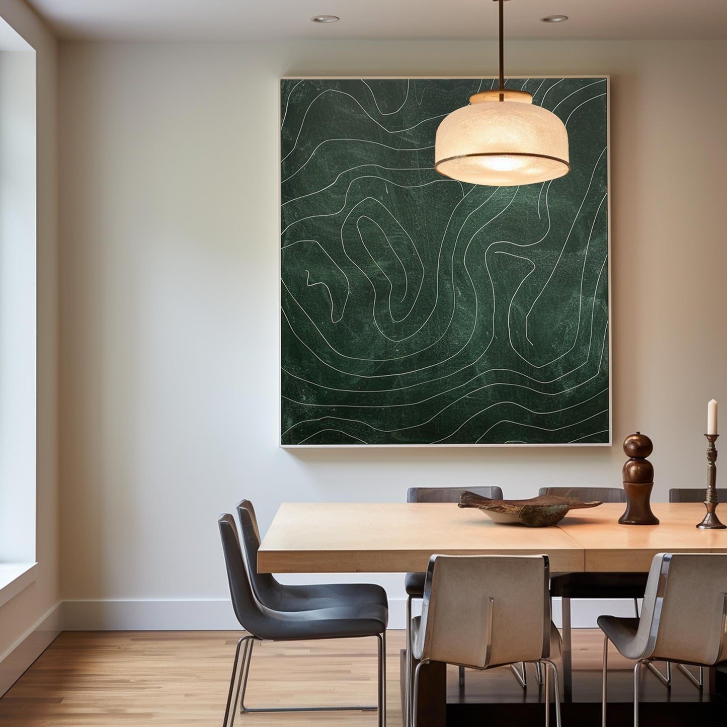 Contemporary Green Abstract Oil Painting with Dynamic Line Work