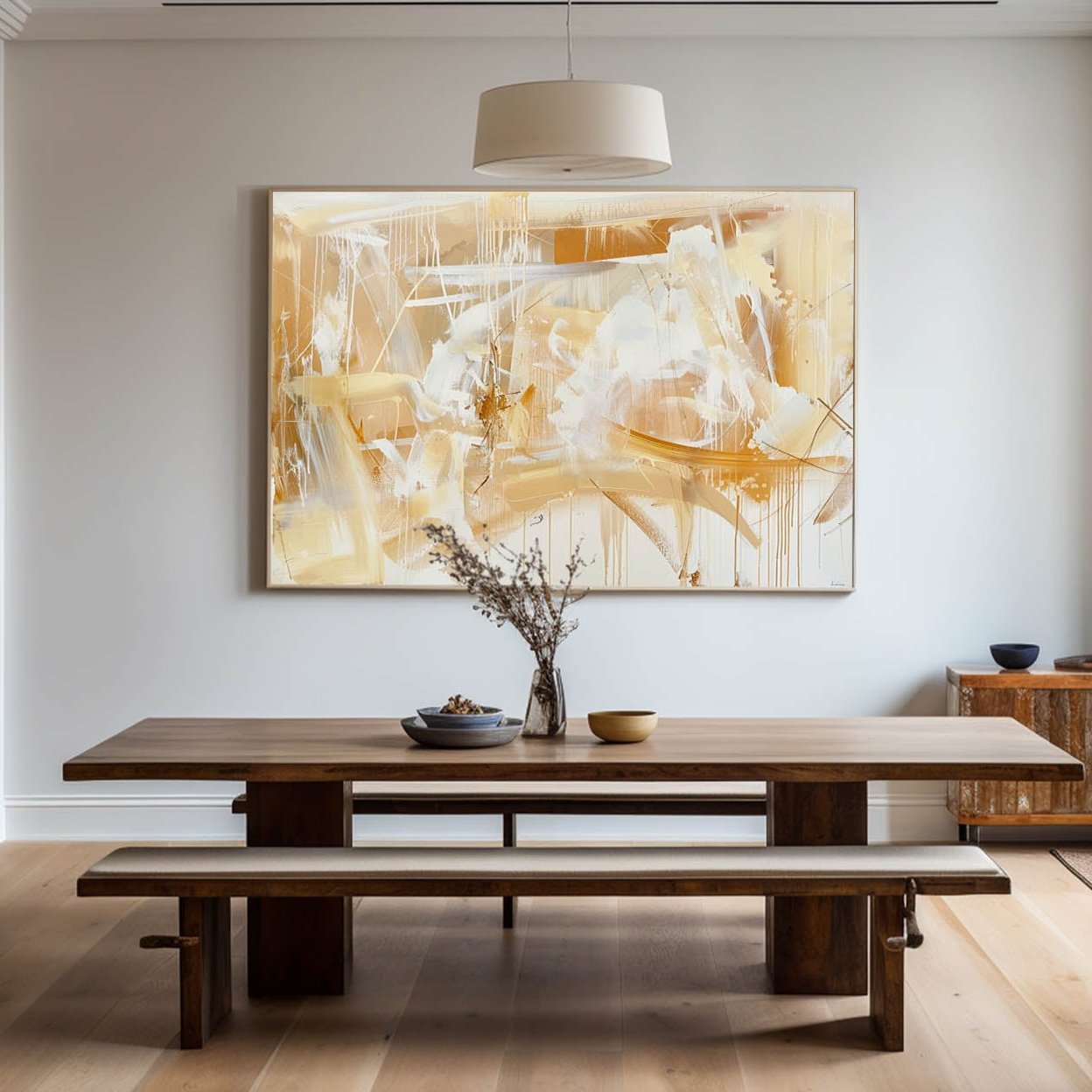Contemporary Gold and White Abstract Oil Painting for Modern Home Decor