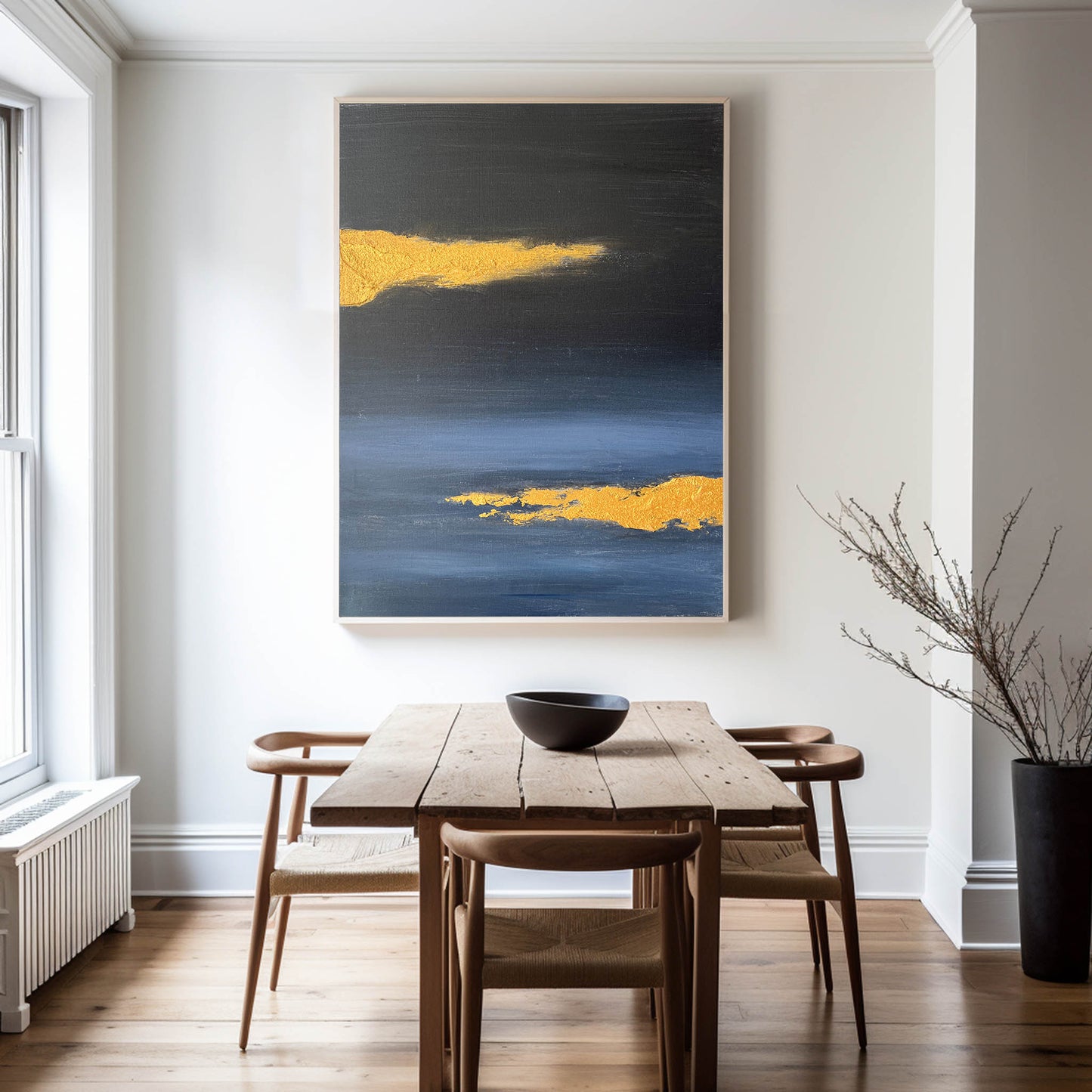Contemporary Gold and Blue Abstract Oil Painting for Modern Home Decor