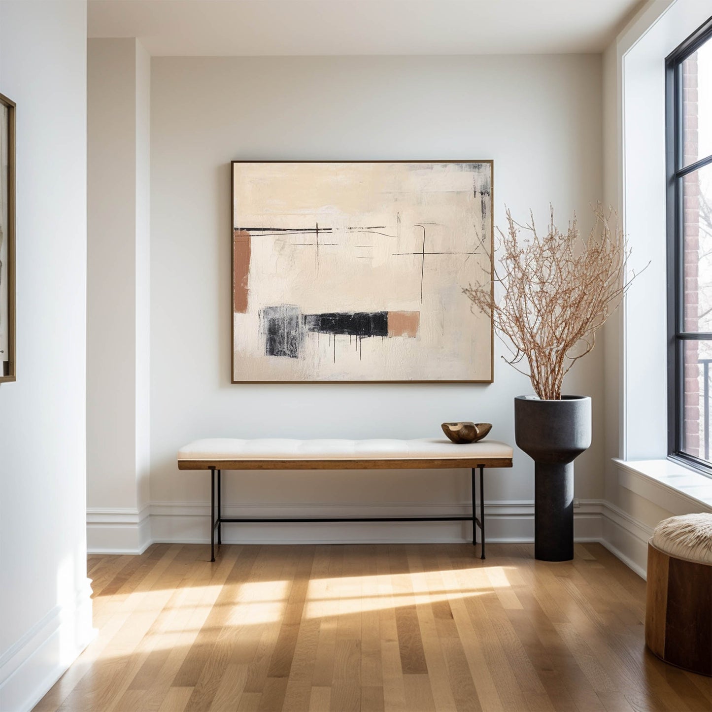 Contemporary Minimalist Oil Painting with Abstract Shapes and Neutral Tones