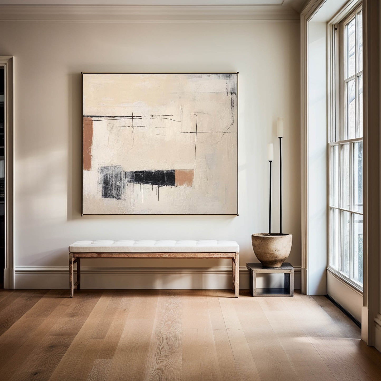 Contemporary Minimalist Oil Painting with Abstract Shapes and Neutral Tones
