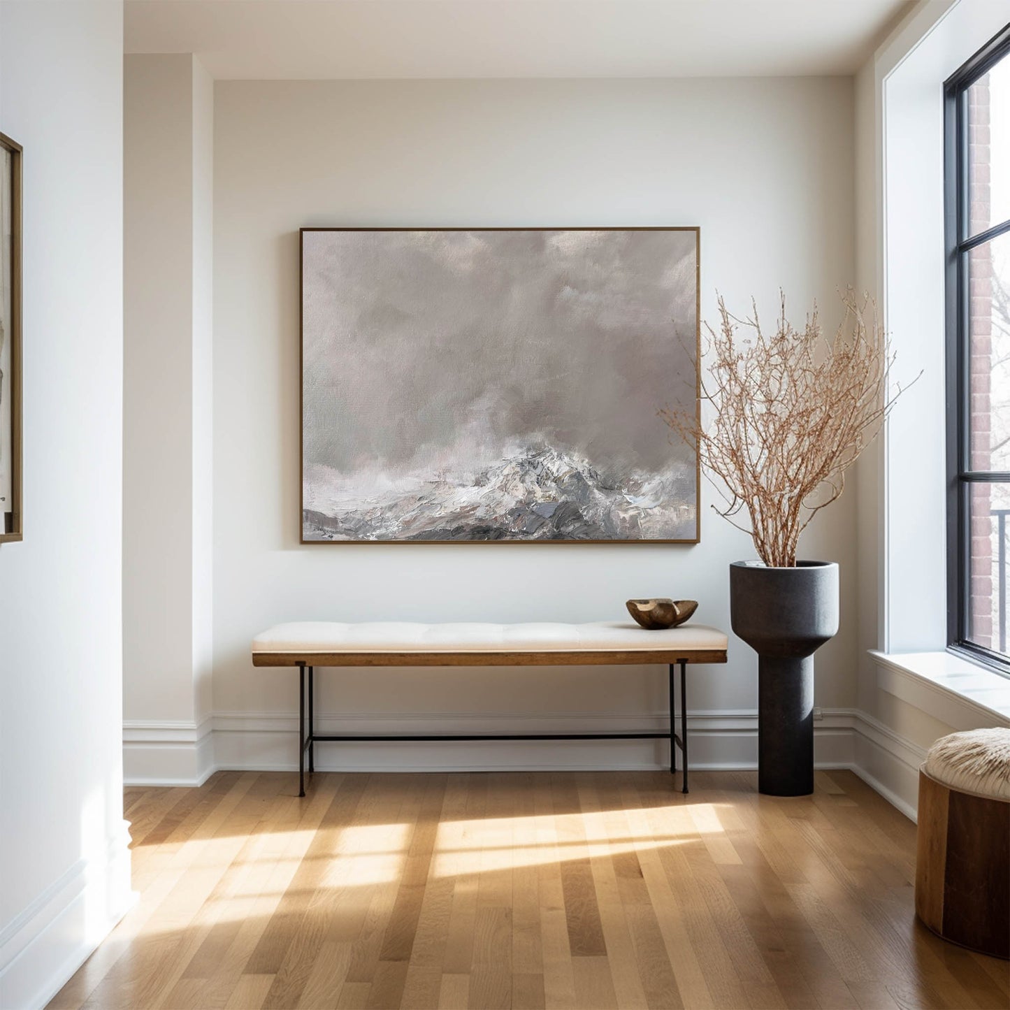 Contemporary Grey Abstract Landscape Oil Painting for Modern Home Decor