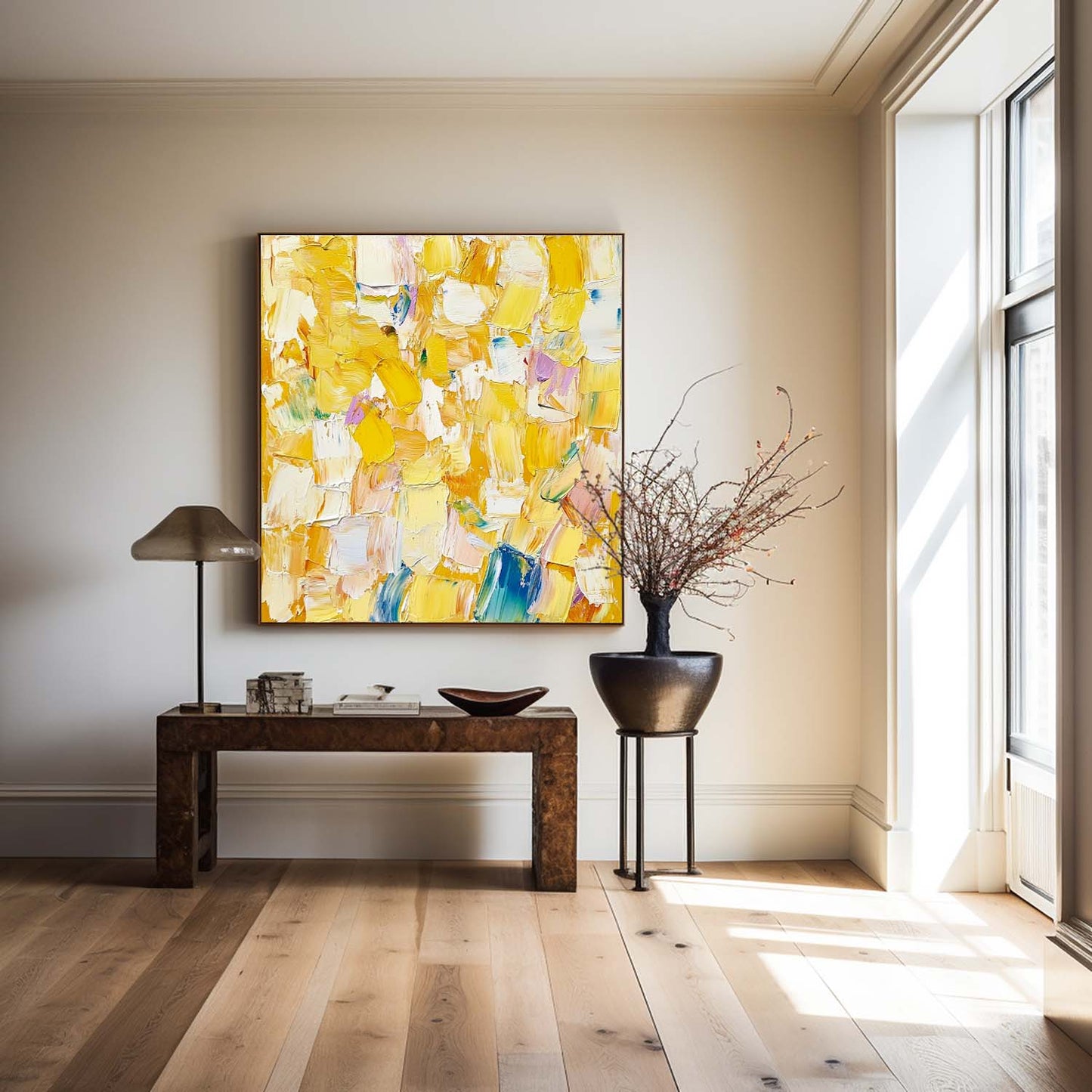 Vibrant Yellow Abstract Oil Painting for Modern Home Decor and Art Collection
