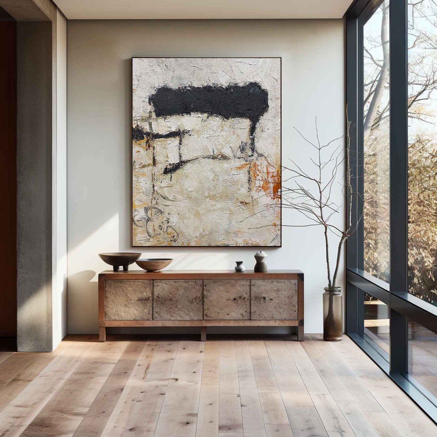 Abstract Black and White Minimalist Oil Painting for Modern Home Décor