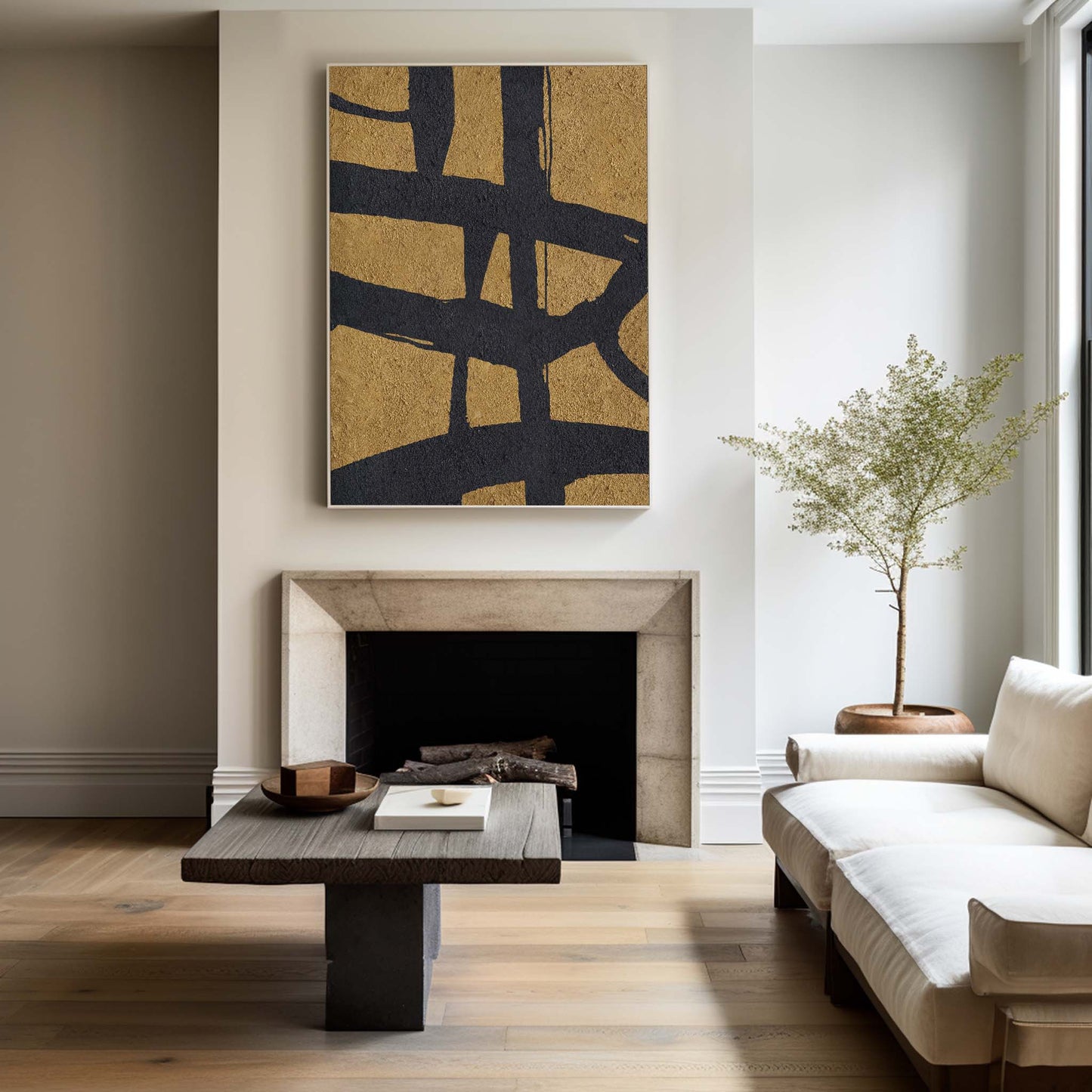 Black Gold Abstract Minimalist Wall Art – Modern Aesthetic Home Decor Painting