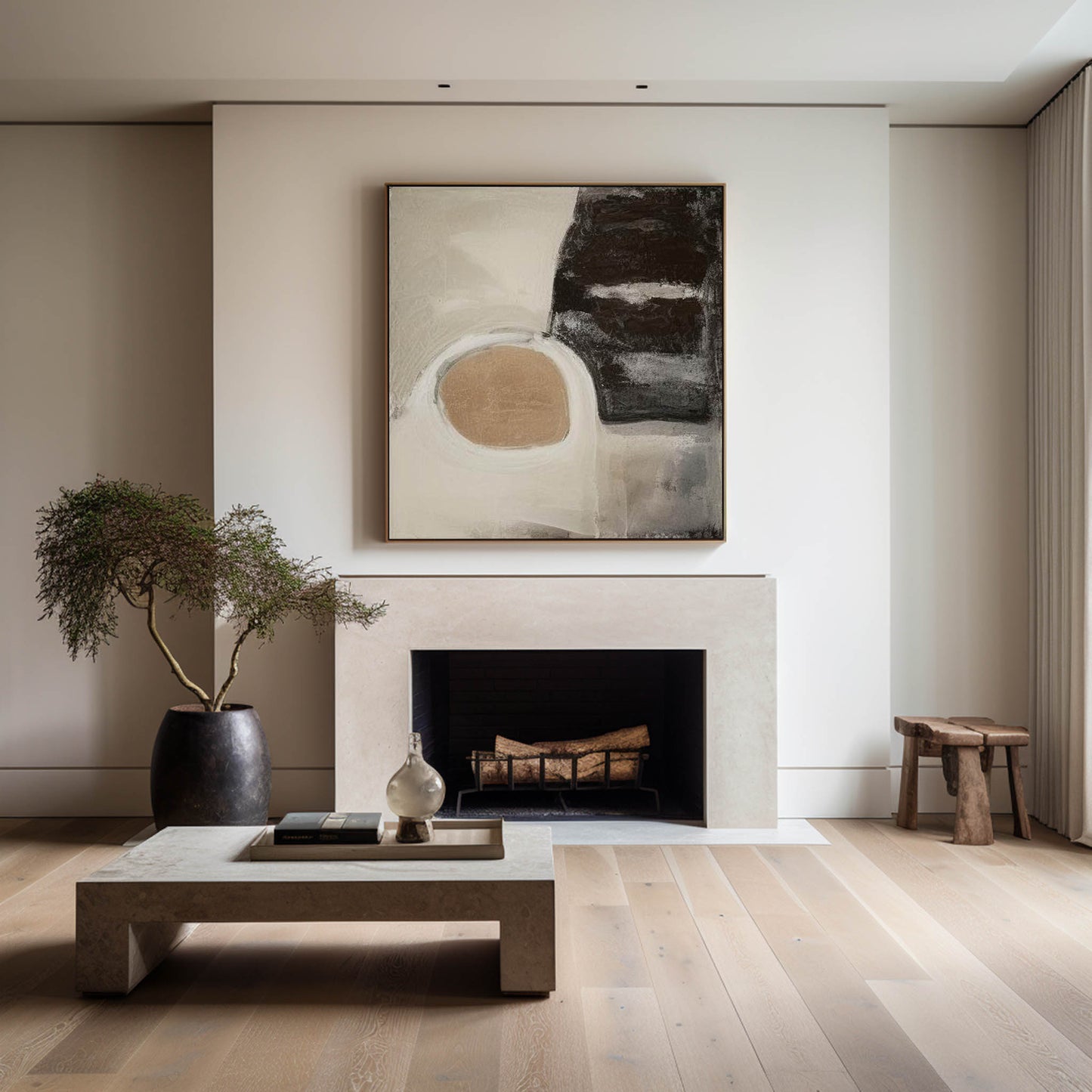 Contemporary Beige and Black Abstract Oil Painting for Modern Home Décor