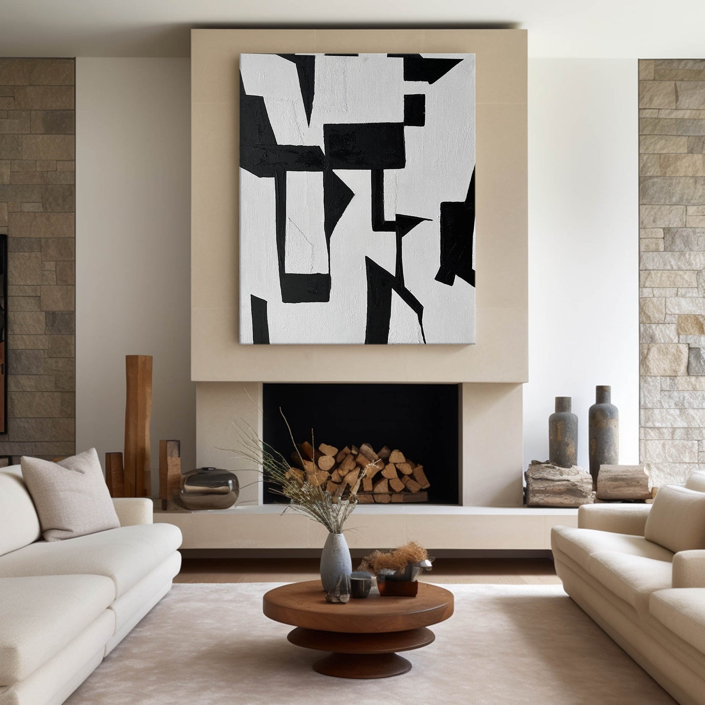 Bold Black and White Abstract Oil Painting for Modern Home Decor