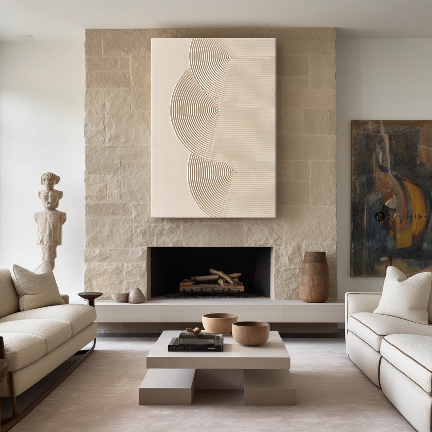 Minimalist Beige Abstract Oil Painting with Geometric Lines for Modern Decor