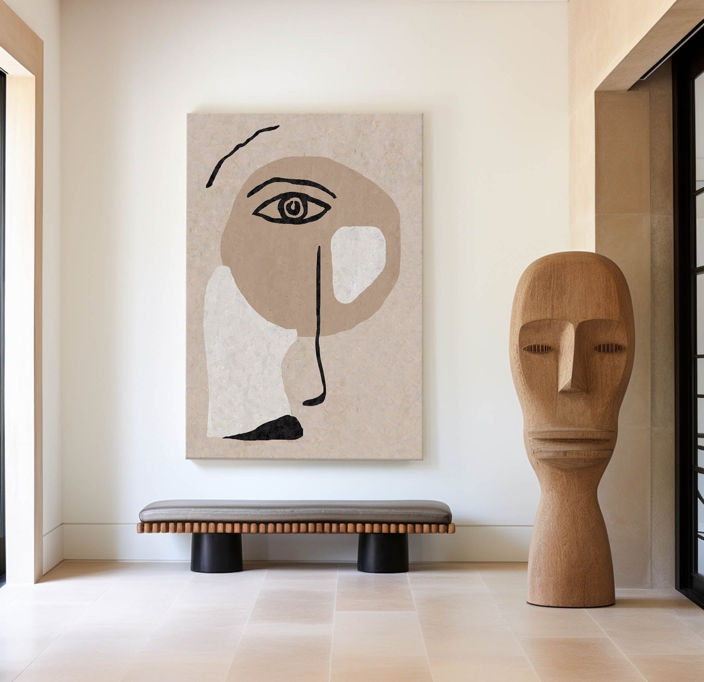 Contemporary Beige Abstract Face Art for Modern Home Decor