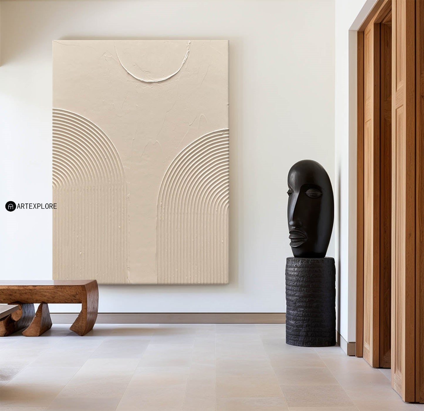 Modern Beige Abstract Oil Painting with Textured Lines and Minimalist Design
