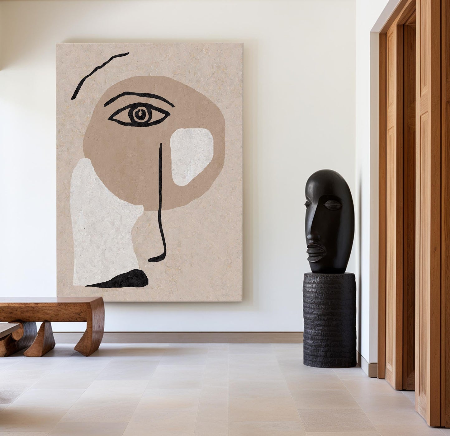 Contemporary Beige Abstract Face Art for Modern Home Decor