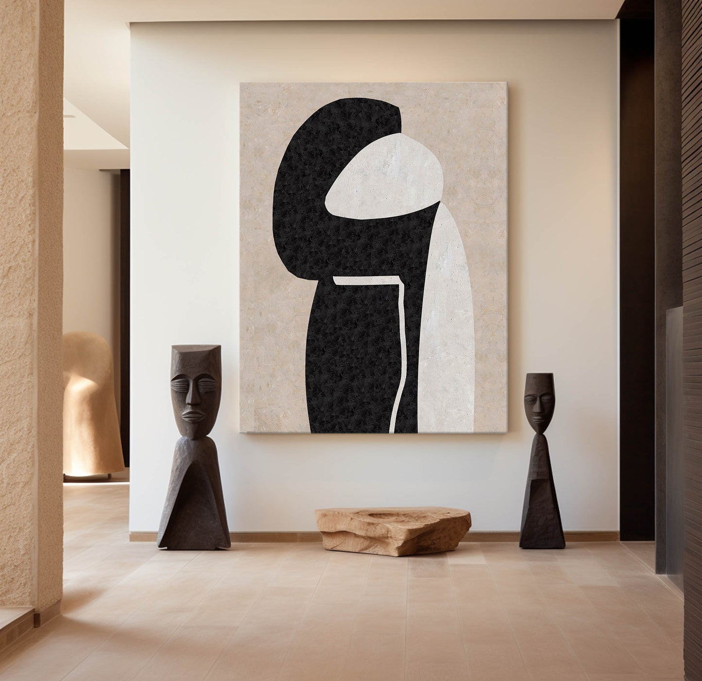 Modern Beige and Black Minimalist Abstract Oil Painting for Contemporary Decor