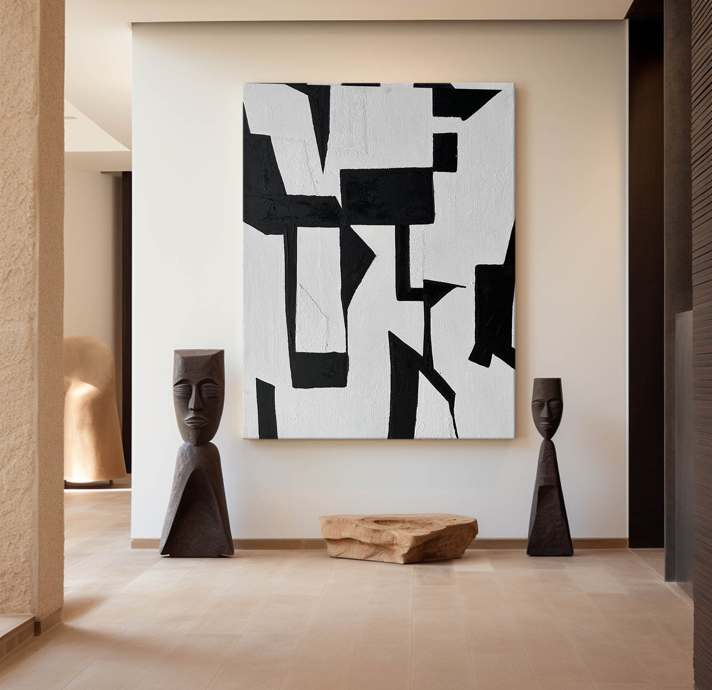 Bold Black and White Abstract Oil Painting for Modern Home Decor