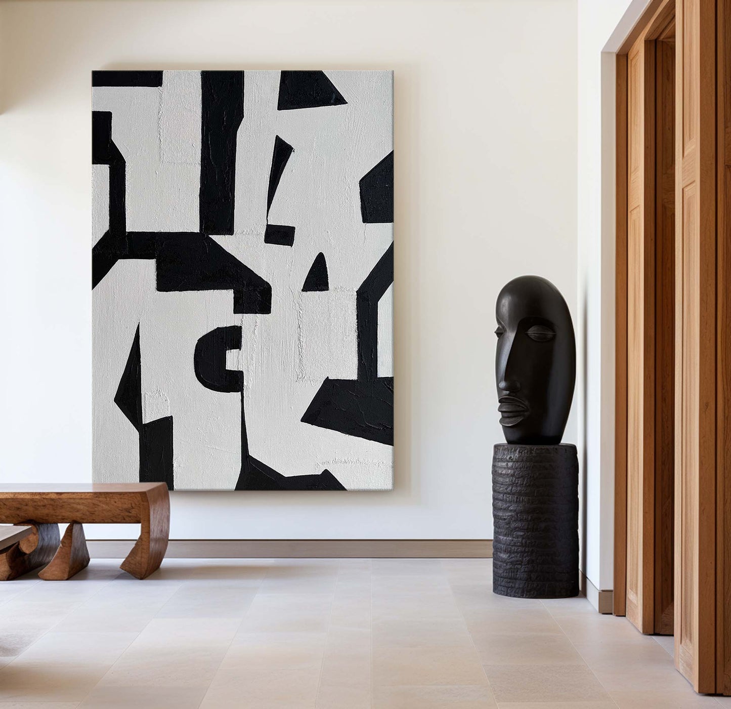 Black and White Modern Abstract Oil Painting for Contemporary Home Decor