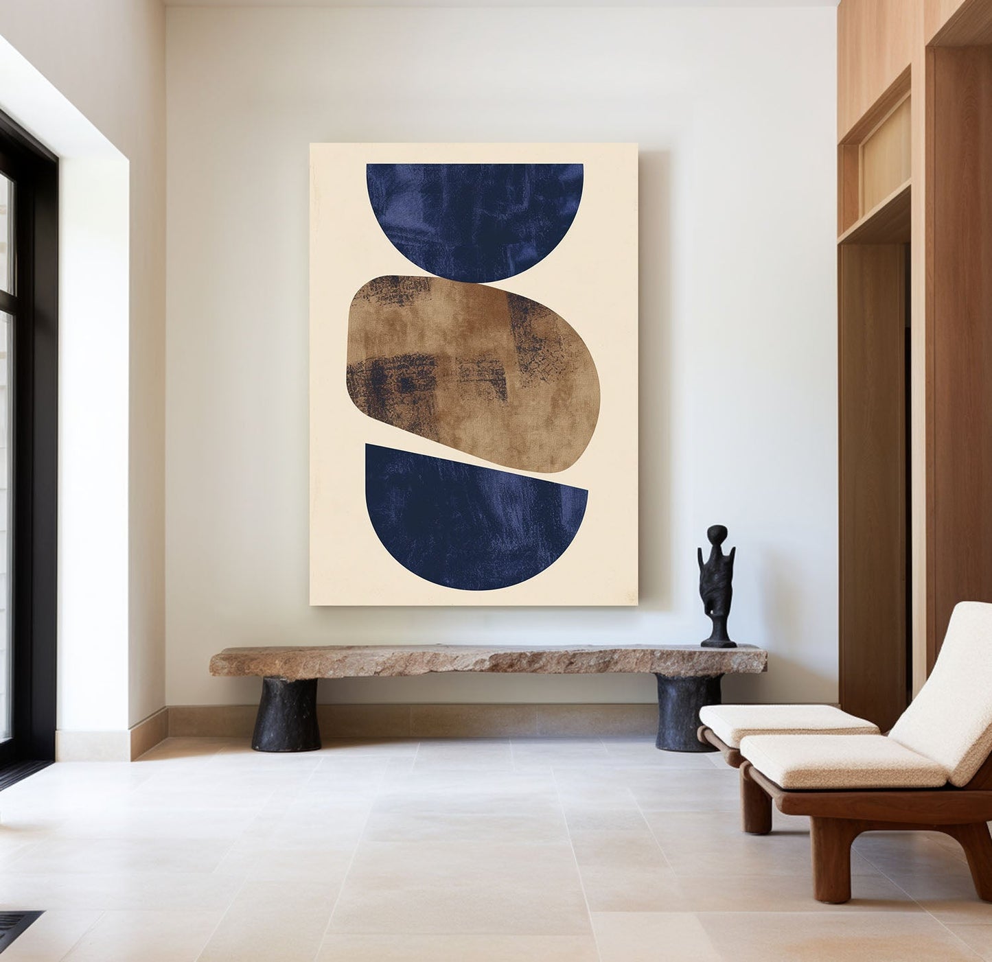 Navy and Gold Geometric Abstract Oil Painting for Modern Home Decor