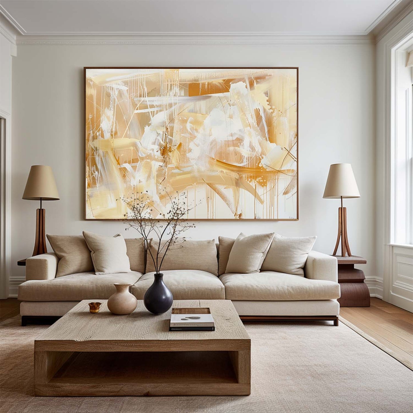 Contemporary Gold and White Abstract Oil Painting for Modern Home Decor