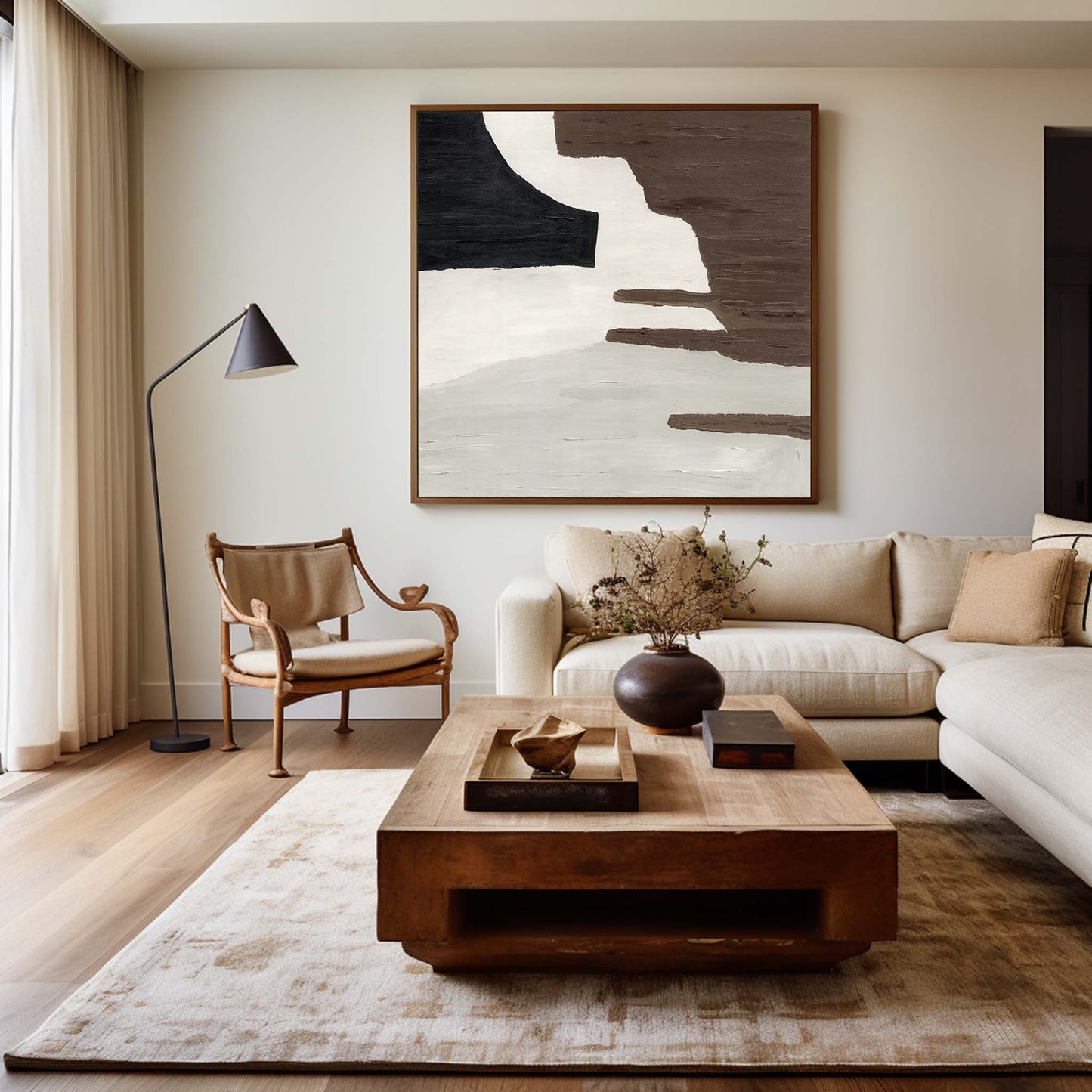 Contemporary Brown and White Geometric Abstract Oil Painting for Modern Decor
