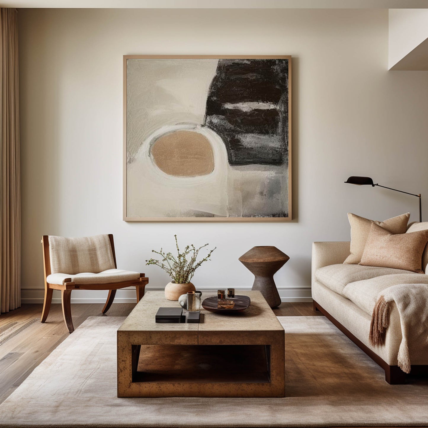 Contemporary Beige and Black Abstract Oil Painting for Modern Home Décor