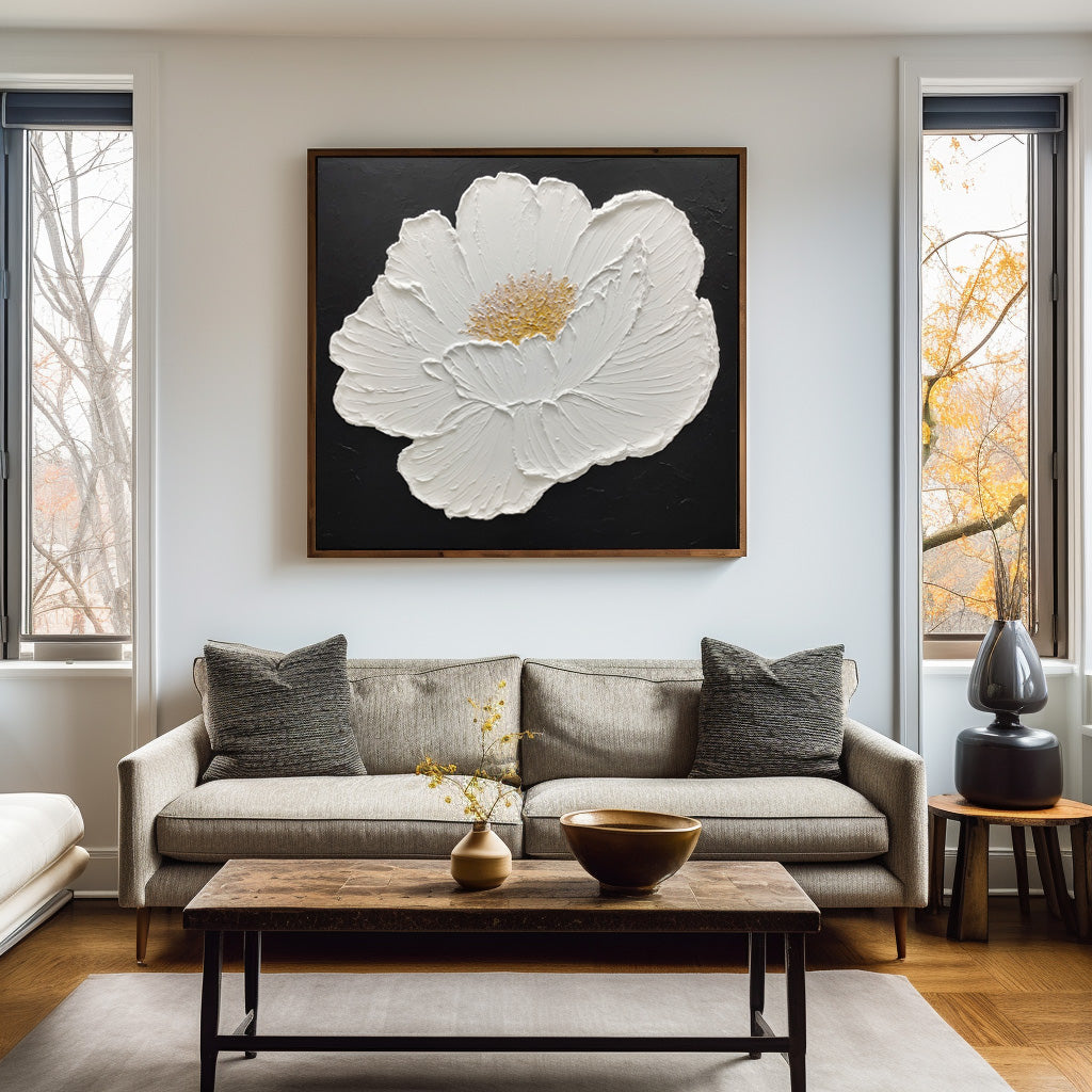 Elegant White Flower Oil Painting on Black Canvas - Modern Abstract Art Decor