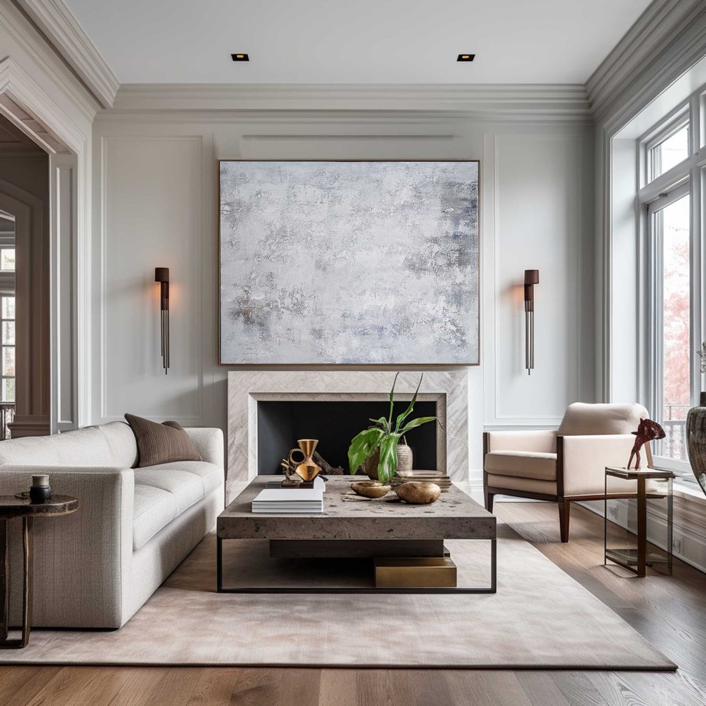Modern Gray and White Abstract Oil Painting for Minimalist Home Decor