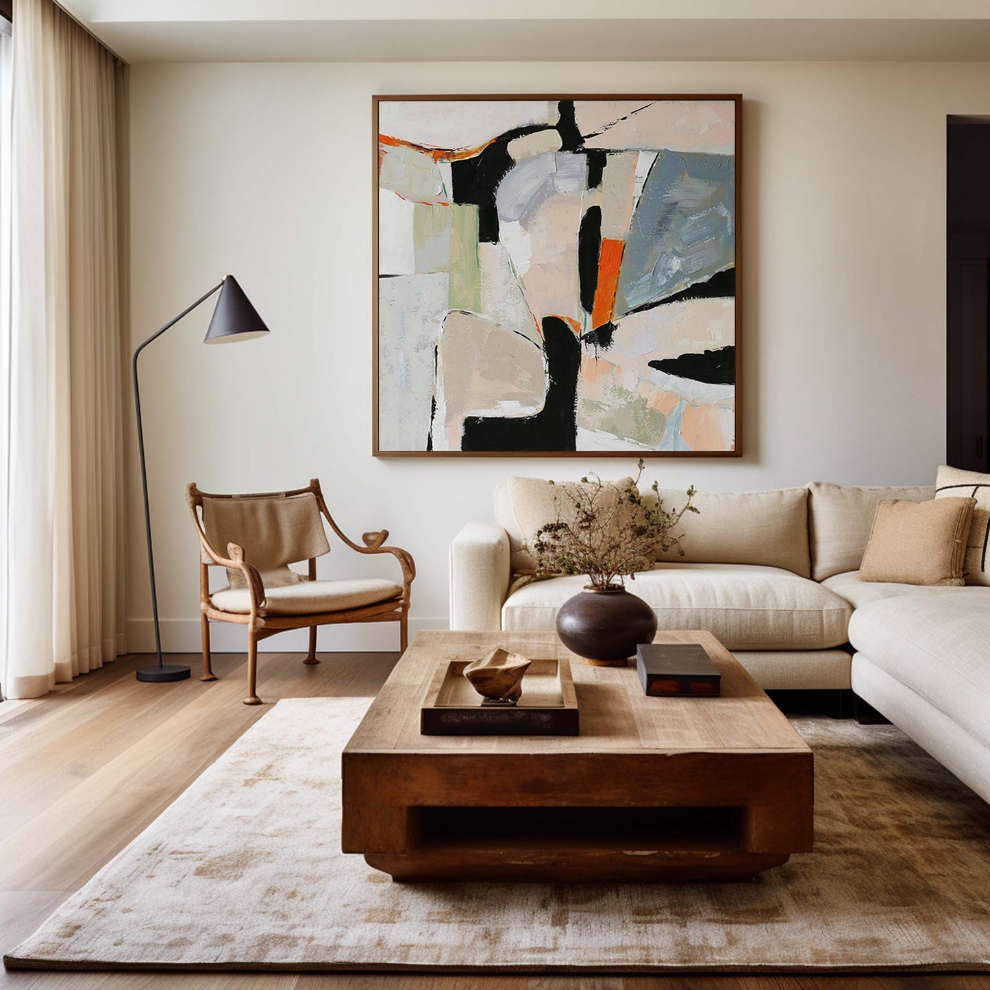Modern Abstract Oil Painting with Geometric Shapes and Soft Colors